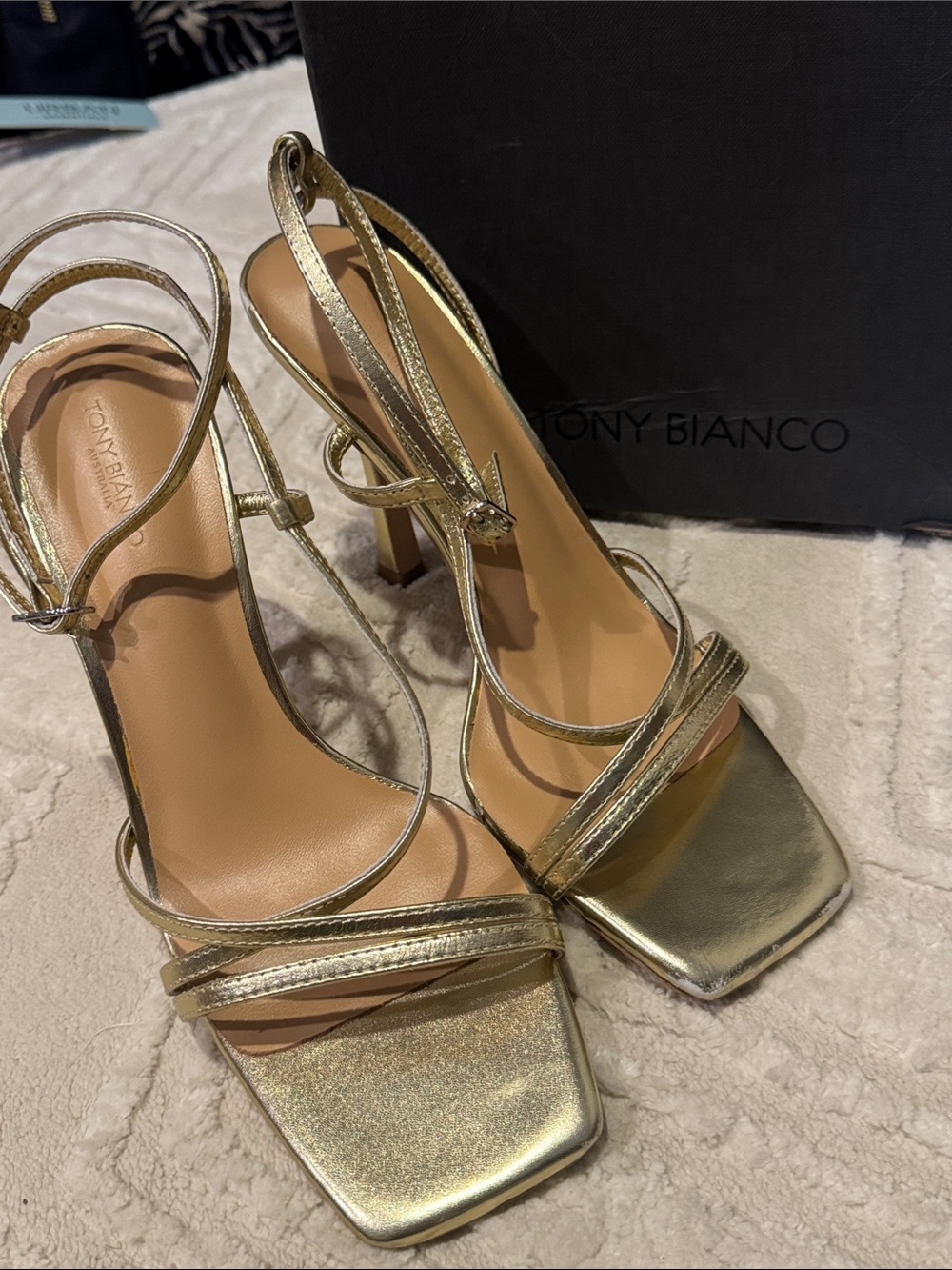 Tony Bianco Metallic Gold Franci Strappy High Heel Sandals Size 7